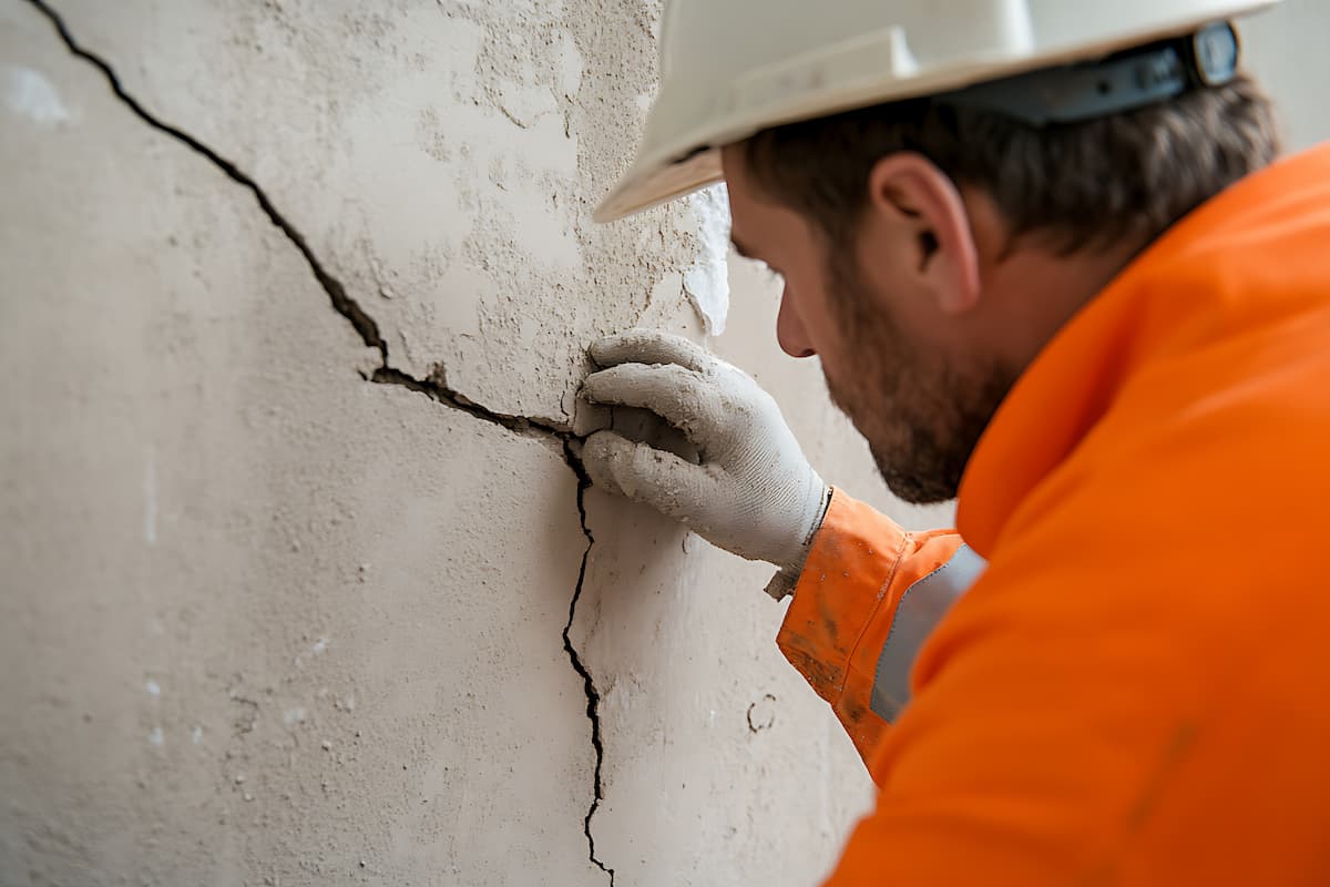 Inspector examining large cracks in a wall during a structural inspection in Perth.