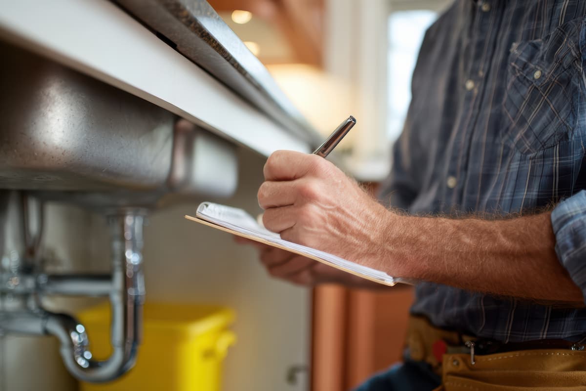 Inspector writing checklist notes during a plumbing inspection under a kitchen sink.
